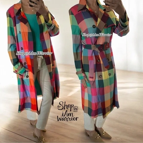 Rainbow checkered NWT double breasted belted trench coat *shop@iamwarrior - Picture 9 of 16